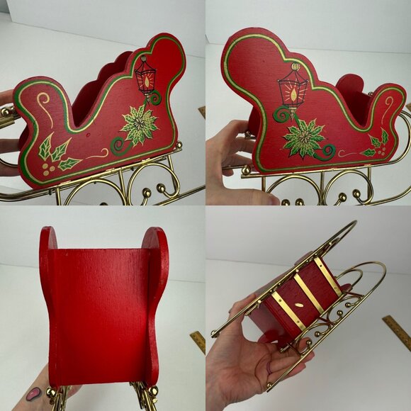 Vtg Christmas Holiday Santa Sleigh Sled Wood Metal Gold Legs Skis Red Green READ - Picture 8 of 11